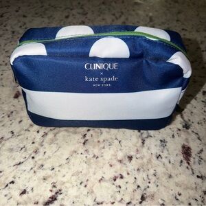 Clinique x Kate Spade New York Makeup Bag Navy Blue White Polka Dot And Stripes